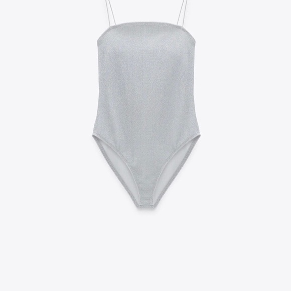 NWT Zara Silver Sparkle Spaghetti Strap Bodysuit Small - Picture 2 of 9